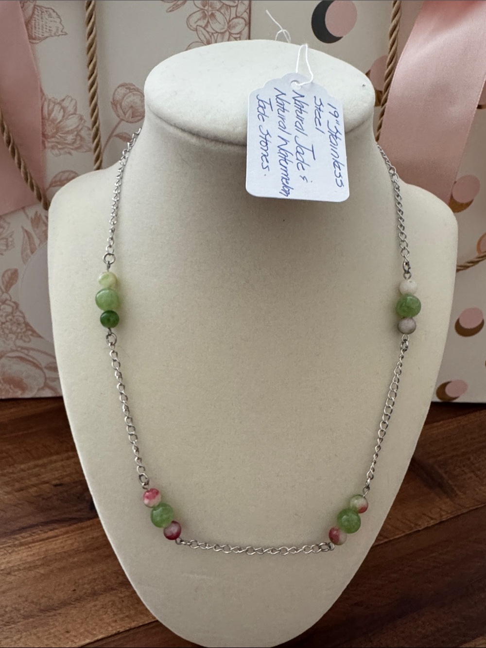 Handmade Natural Jade and Pink Bead Silver Chain Necklace